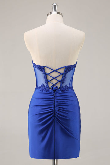 Royal Blue Bodycon Strapless Corset Homecoming Dress with Appliques